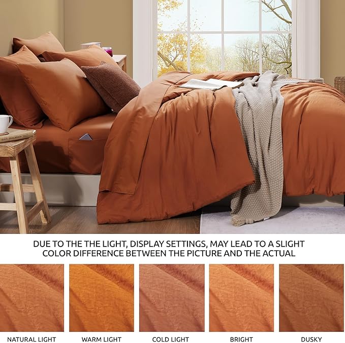 WRENSONGE Super King Comforter Set- 7 Pieces Soft Burnt Orange Bed in a Bag with Fitted Sheet, Flat Sheet, 2 Shams, and 2 Pillowcases-Warm Bed Sets Fall Comforter for All Seasons