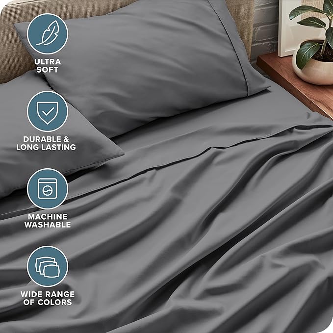 Bare Home Short Queen Sheet Set - 1800 Ultra-Soft Microfiber Bed Sheets - Double Brushed - Deep Pockets - Easy Fit - 4 Piece Set - Bedding Sheets & Pillowcases (Short Queen, Grey)