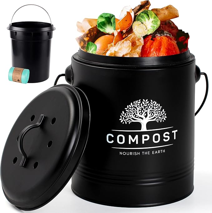 Perfnique Kitchen Compost Bin, 1.3 Gallon Countertop Compost Bin with Lid, Indoor Compost Bucket Includes Inner Bucket Liner and Carbon Filter, Small Compost Bin with Trash Bags (with Bags, Black) by PERFNIQUE