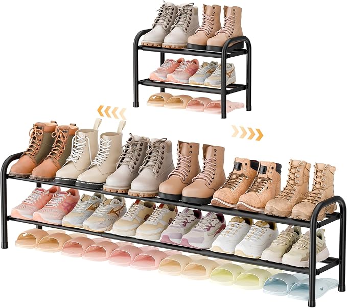 ENJOYBASICS 2 Tier Expandable Shoe Rack for Closet, Free Standing Metal Shoe Shelf Storage Organizer Holder 12 Pairs, Adjustable Width Shoe Rack for Entryway Small Space, Black by ENJOYBASICS