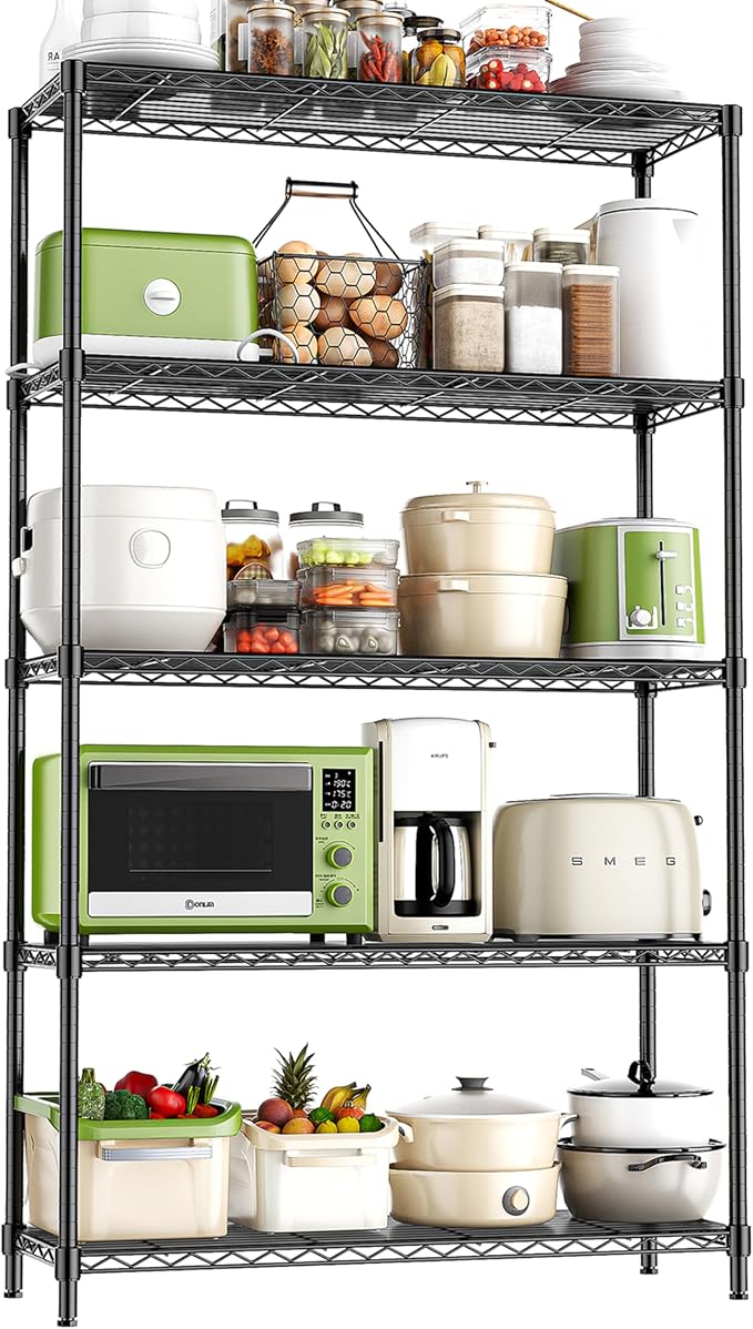 5-Tier Storage Shelves 72" H Wire Shelving, Adjustable Metal Shelving Pantry Shelves, 1325LBS Heavy Duty Rack with Shelf Liners for Garage Commercial Kitchen, 36" W x 14" D x 72" H, Black by RackBro