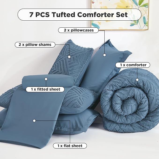 Andency Oversized King Size Comforter Set 7 Pieces Ocean Blue - Bed in a Bag Oversized King Boho Lightweight Fluffy Tufted Bedding Sets with Comforter, Sheets, Pillowcases & Shams
