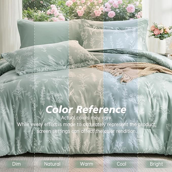 MUXHOMO Twin Comforter Set, Sage Green Elegant Floral Print Bed in a Bag 5 Pieces, Ultra Soft & Breathable Reversible Botanical Pattern Bedding Set with Comforter, Sheets, Pillowcases, and Shams