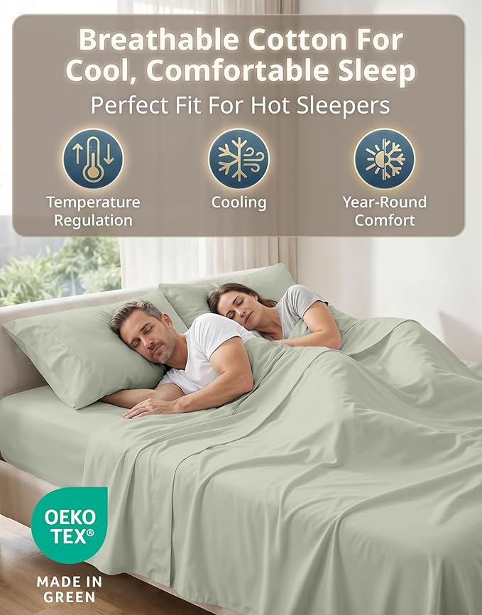 LANE LINEN 100% Cotton Cal King Bed Sheets - 600 Thread Count Premium Sateen Weave for Smooth & Gentle Feel On Skin - Hotel Like Thick Bedding & Sheets - Oeko Tex Certified - Mineral