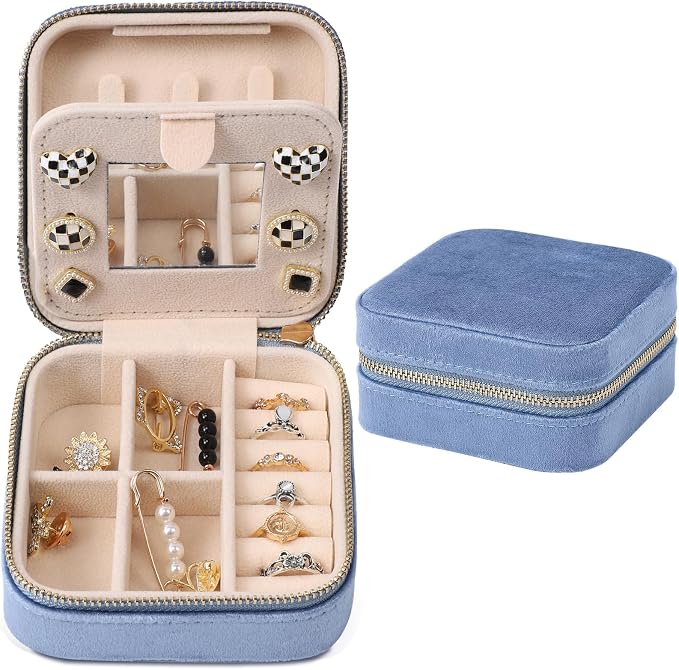 Dajasan Velvet Travel Jewelry Box, Mini Travel Jewelry Case, Small Portable Travel Jewelry Organizer Box with Mirror for Women Girls (blue), 3-layer by DAJASAN