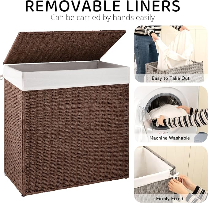 OIAHOMY Laundry Hamper with Lid, 110L(29.1 Gal) Large Wicker Laundry Basket for Bedroom, Handwoven Paper Rope Clothes Hamper with Washable Liner & Metal Frame, Decorative organizer for Bathroom Brown - Image 3