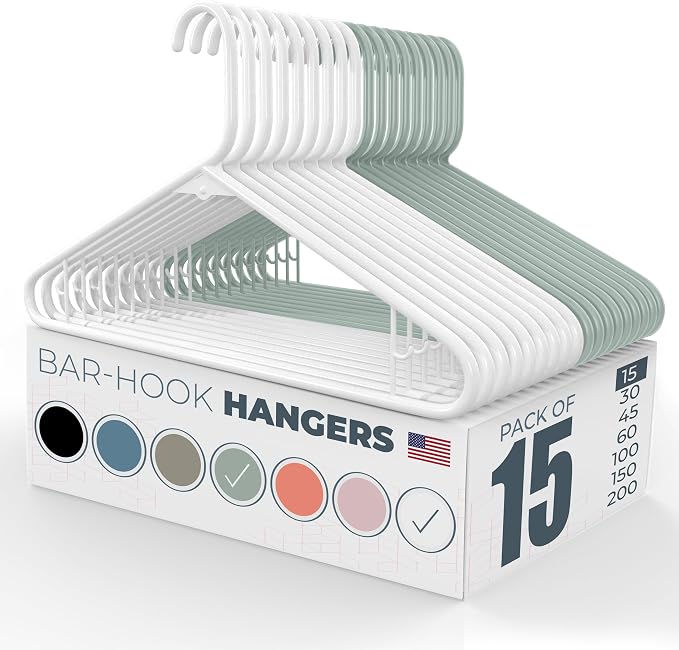 Neaties Plastic Hangers 15 Pack - Made in the USA - 6lb Capacity Standard Clothes Hangers with Strap Hooks for Dresses, Lingerie, Shirts, Pants, and Jackets - White & Mint by NeatiesHangers
