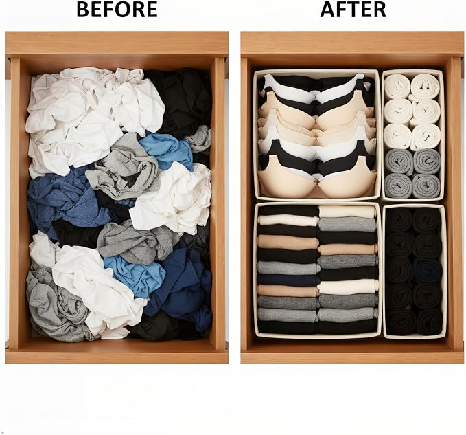 Underwear Drawer Organizer 2 Pack - Foldable Fabric Storage Bins for Dresser & Closet, Khaki Sock and Bra Dividers, 2 Sizes for Bedroom Organization - Image 3