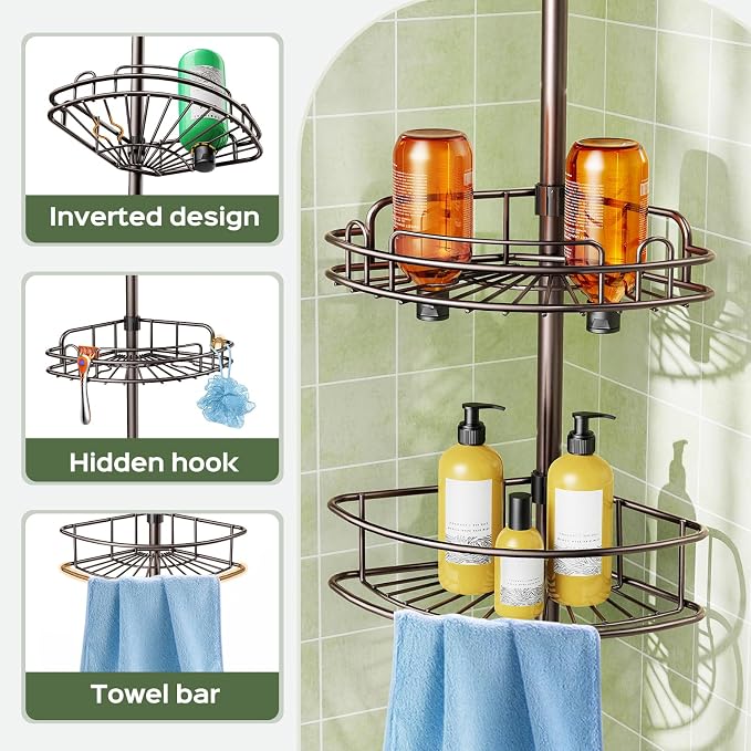 HAMITOR Corner Shower Caddy Tension Pole: 4-Tier Rust-Resistant Adjustable Bathroom Organizer Shelves - 47-121 Inch No-Drill Quick Installation - Space-Saving Storage for Renters Families - Bronze - Image 5