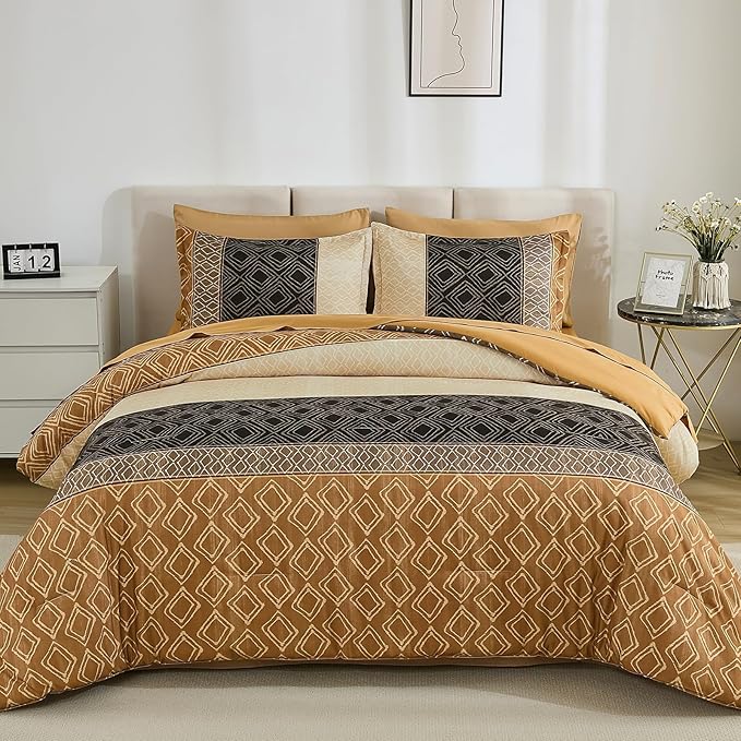 Dinjoy Brown King Size Comforter Set,Striped Bed in a Bag King 7 Pieces Soft Boho Bedding Comforters Sets Microfiber Bed Complete Set with Sheets for Fall Winter