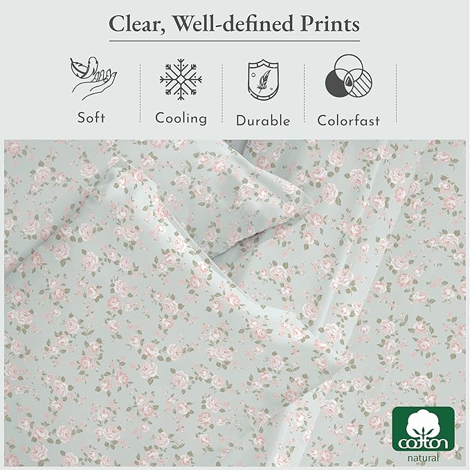 California Design Den Vintage Rose Sheet Set, Full Size Bed Sheets Set, 100% Cotton, Deep Pocket Full Sheets & Pillowcase Set, Soft Sateen Weave - Vintage Rose