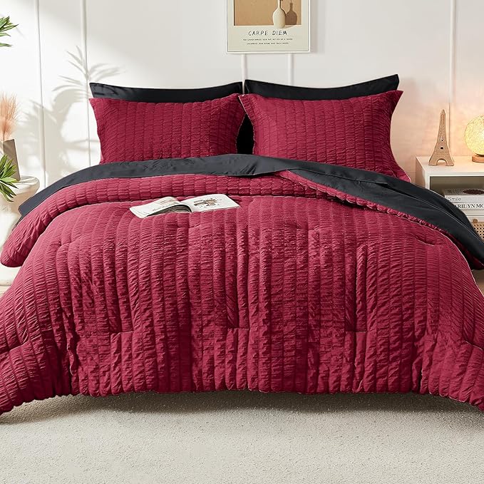 HYMOKEGE Red & Black Queen Comforter Set Seersucker 7 Pieces, All Season Luxury Bed in a Bag for Bedroom, Bedding Set with Comforters, Sheets, Pillowcases & Shams