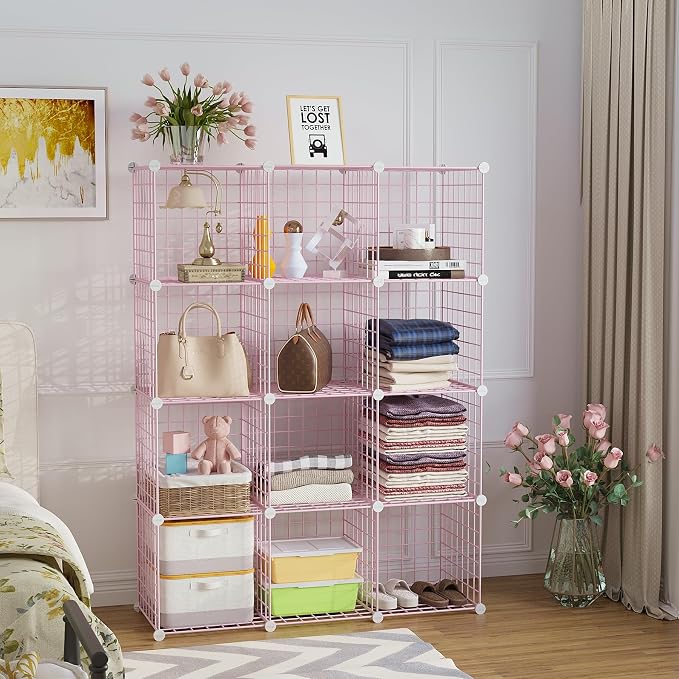C&AHOME Wire Cube Storage, 12 - Cube Organizer Metal C Grids, Modular Shelves Units, Closet Organizer, Ideal for Home, Office, Living Room, 36.6”L x 12.4”W 48.4”H, Pink UWCS3012P - Image 2