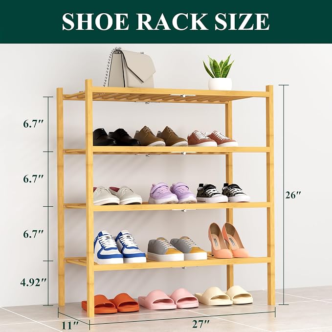 Smiry Shoe Rack, 4 Tier Thick Bamboo Shoe Organizer, Stackable Free Standing Wooden Shoe Storage Shelf for Closet, Entryway, Front Door Entrance, Natural - Image 2