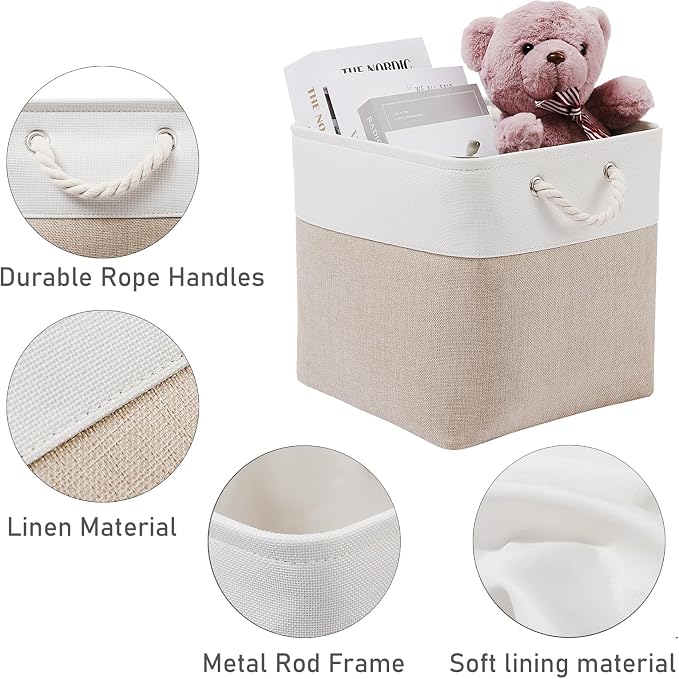 MidmmVick 13 x 13 Inch Cube Storage Bins, 6 Pack Extra Large Collapsible Fabric Storage Bin with Ropes, Foldable Storage Cubes for Home (White & Beige-13"x13"x13") - Image 6