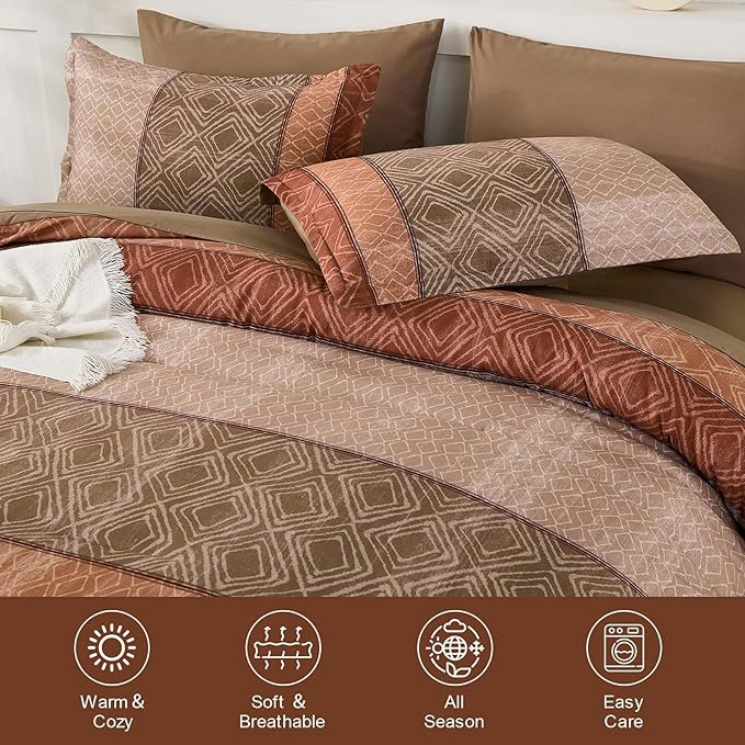 Dinjoy Red Brown King Size Comforter Set,Striped Boho Bed in a Bag King 7 Pieces Soft Fall Bedding Comforters Sets Microfiber Complete Bed Sets for All Season