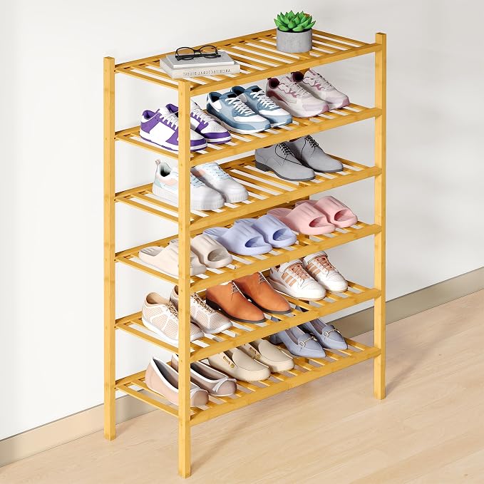 Smiry Bamboo Shoe Rack for Closet, 6 Tier Wooden Stackable Shoe Organizer, Free Standing Shoes Storage Shelf for Entryway, Front Door Entrance, Natural by Smiry