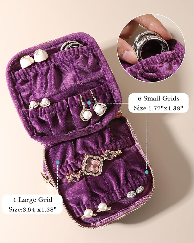 COOLYOUTH Travel Jewelry Case Organizer for Women Portable Jewelry Box with Small Pouches Mini Jewelry Bag for Rings, Bracelets, & Bangles with Smooth Metal Zipper (Plum Purple) - Image 2