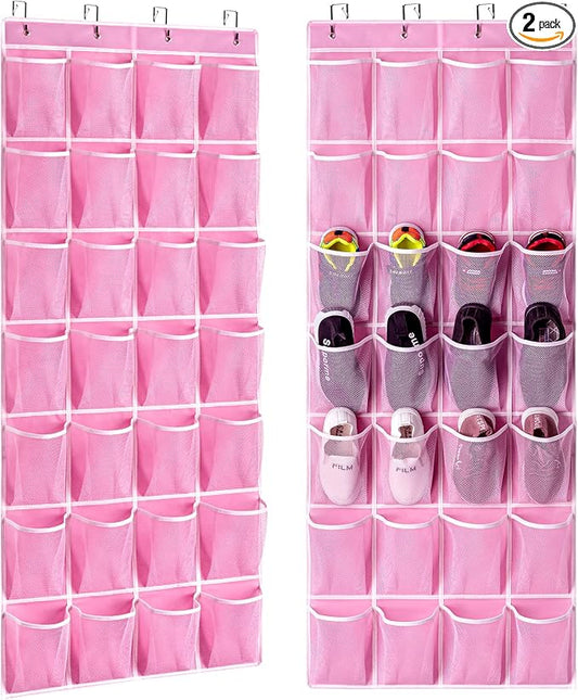 KEEPJOY 28 Pocket Over The Door Shoe Organizer, 2Pack Hanging Shoe Organizer for Door, Hanging Door Shoe Holder Rack with Mesh Pockets Large Size 65 x 23 inch (Pink-2Pack) by KEEPJOY