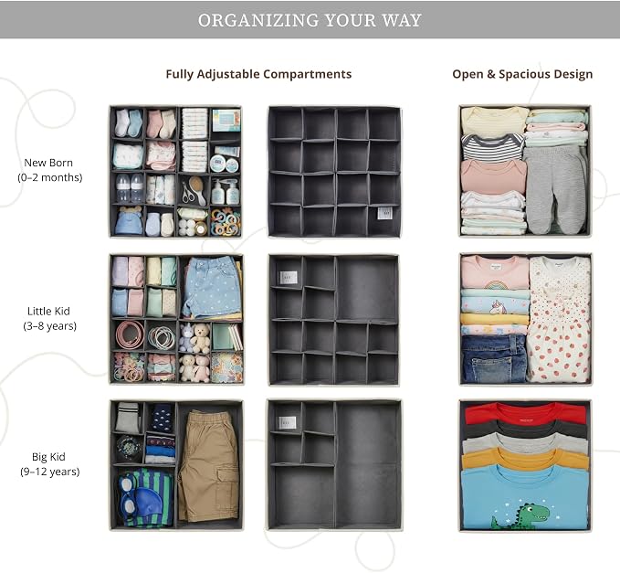 DECOMOMO Drawer Organizer for Baby – 12 Pack Clothes Organizer & Storage Dividers for Nursery, Storage Bins for Underwear, Bra, Socks, Diapers & Newborn Essentials (Grey) - Image 3