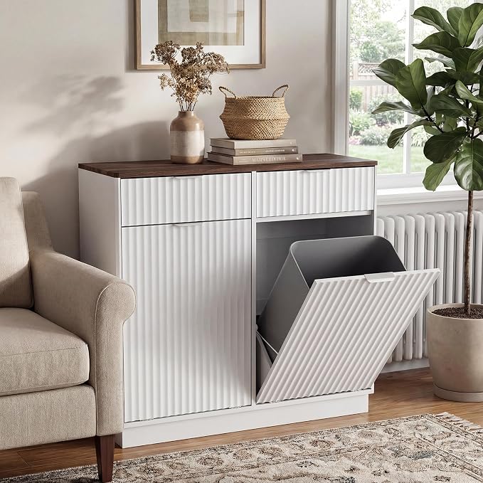Double Tilt-Out Trash Cabinet, Laundry Hamper Cabinet with 2 Drawers, 39.4W x 34.3H x 13.8D inches, Walnut+White, Wave-Textured Front. - Image 2