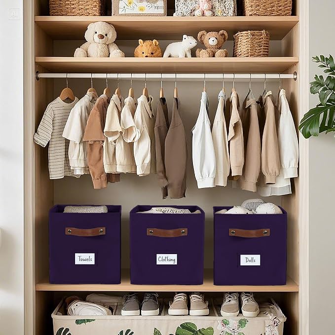 DECOMOMO Storage Bins, Cube Storage Bin with Labels, Fabric Storage Cubes for Shelves (10.5" x 11" / 6pcs, Deep Violet) - Image 7