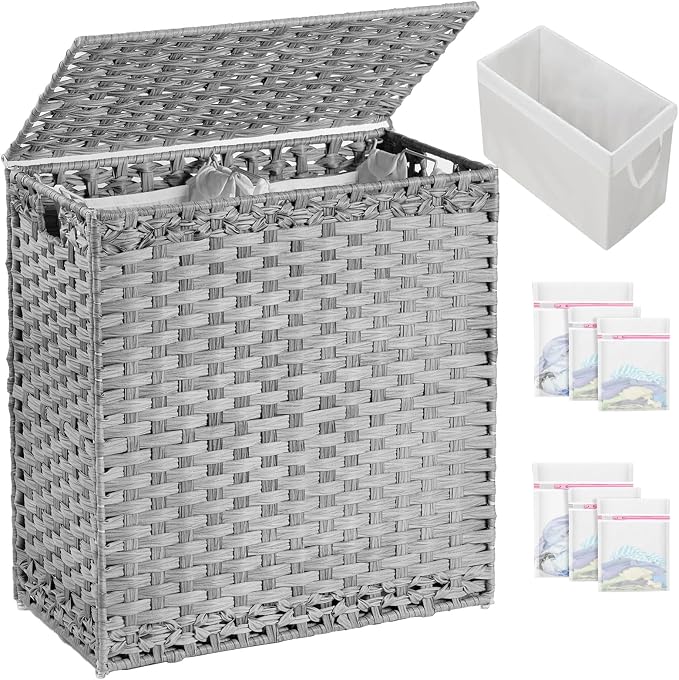 SETVSON Laundry Hamper with Lid Wicker Laundry Basket 112 L (29.6 Gal) Laundry Hampers Handwoven Rattan Clothes Hamper with Handles 3 Removable Liner Bag, 6 Mesh Bags for Bathroom Bedroom Gray by SETVSON