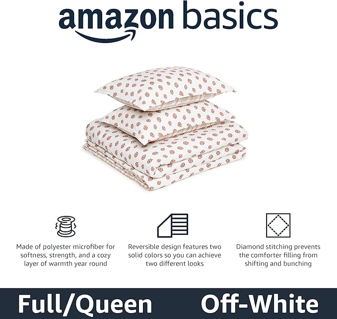 Amazon Basics Lightweight Microfiber Comforter Set, 3-Piece, Full/Queen, Off White Floral