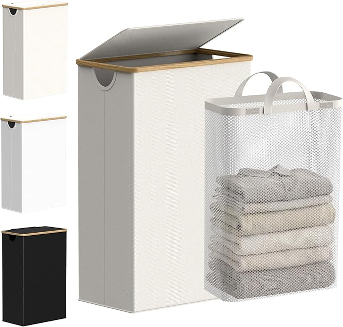 efluky Slim Laundry Basket with Lid, Narrow Laundry Hamper with Removable Bag, Skinny Dirty Clothes Basket with Bamboo Handles for Bathroom, Bedroom & Laundry Room, 75L Beige by efluky