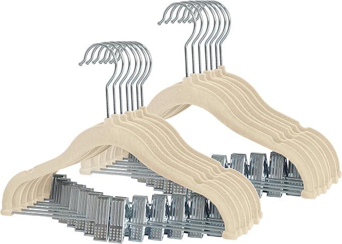 Finnhomy Non-Slip Clothes Hangers for Baby and Kids 20-Pack Velvet Hangers with Movable Clips, Heavy-Duty and Space-Saving for Pants,Skirts, Coat, Beige by Finnhomy