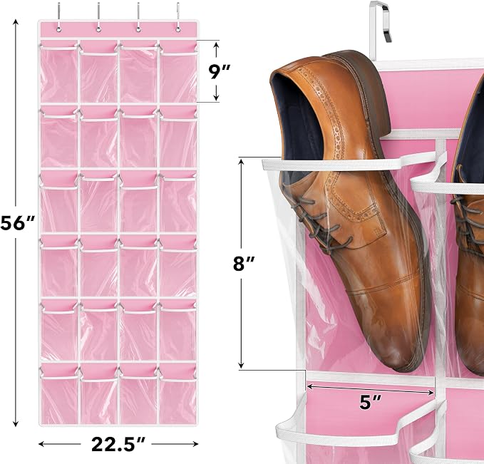 Simple Houseware 24 Pockets Large Clear Pockets Over The Door Hanging Shoe Organizer, Pink (56" x 22.5") - Image 2