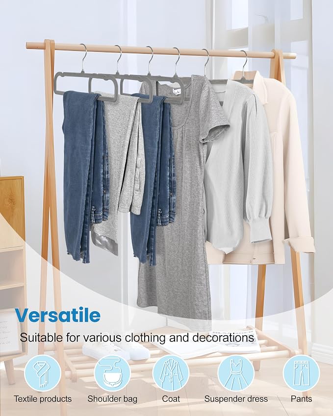 Velvet Hangers Non Slip - 20 Pack Pants Hangers for Closet - Thin Space Saving Clothes Hanger - Strong, Durable, Jean Perchas with 360 Degree Rotatable Hook for Tank Top (Grey Silver Hook) - Image 6