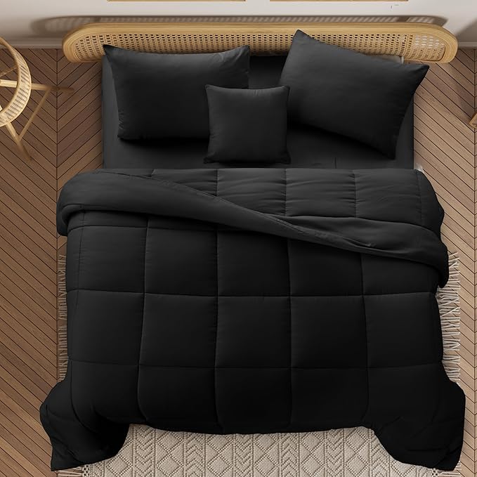 LUX Décor 5pc Queen Comforter Set, All-in-One Bed in a Bag, Includes 1 Comforter, 2 Pillow Shams, 1 Decorative Pillow & 1 Bed Skirt (Black, Queen)