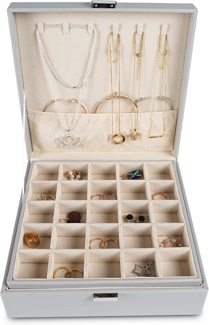 Frebeauty Earring Organizer Classic Jewelry Box 50 Slots Double Layer Jewelry Storage Case with 6 Necklace Hook and Bracelet Pocket(Grey) - Image 2