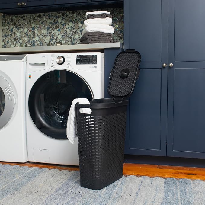 Mind Reader Slim Laundry Hamper with Lid, 40L Clothes Basket, Narrow Tapered Design with Ventilated Cutout Pattern, Plastic, Black - Image 2