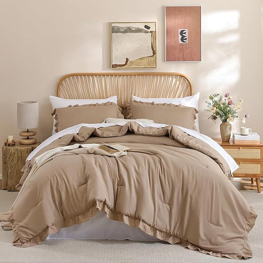 JANZAA Twin Ruffled Comforter Set 3PCS (1 Taupe Comforter Set and 2 Pillowcases) Vintage Farmhouse Shabby Chic Bedding Soft Fluffy All Season