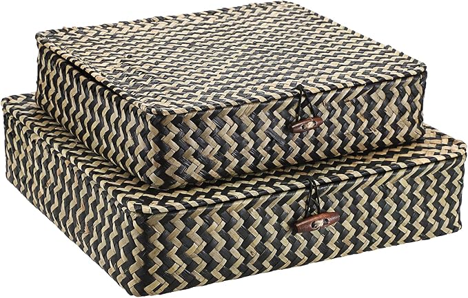 Hipiwe Woven Storage Basket with lid - Flat Wicker Storage Baskets Bins Natural Seagrass Storage Baskets Box for Shelf Home Decor, Set of 2, Blacks Strips - Image 8