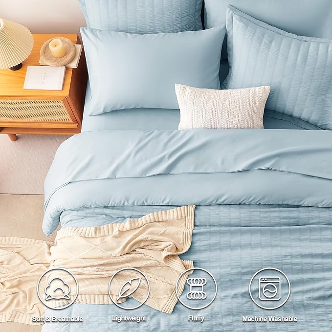 CozyLux Queen Comforter Set Light Blue Seersucker 7 Pieces Bed in a Bag Queen Comforter Set with Sheets, Luxury Soft Bedding Set with Down Alternative Comforter, Sheets, Pillowcases & Shams All Season