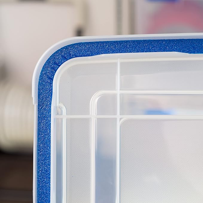 IRIS USA WeatherPro 74 Qt Storage Bins with Lids, 3 Pack, BPA-Free Plastic Gasket Box with Tight Latch and Seal, Stackable Nestable Tote Tub - Clear/Blue - Image 3