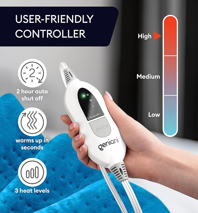 GENIANI Electric Heating Pad for Back Pain & Cramps Relief, Electric Throw, Auto Shut Off, Machine Washable, Moist Heat Pad for Neck & Shoulder - Valentines Day Gifts for Her (12×24", Aqua Blue)