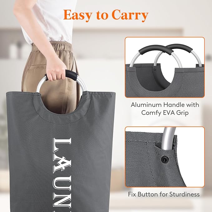 Lifewit 100L 2-Pack Large Laundry Basket, Collapsible Laundry Hamper with Aluminum Handles, Waterproof Freestanding Dirty Clothes Hampers for Laundry Room Bedroom Dorm Bathroom, Grey - Image 3
