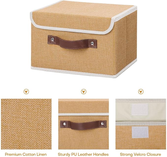 ANMINY 2PCS Storage Bins with Lid PU Leather Handles Storage Boxes PP Plastic Board Decorative Foldable Lidded Cotton Linen Fabric Home Cubes Baskets Closet Organizer Containers - Khaki, Small Size - Image 3