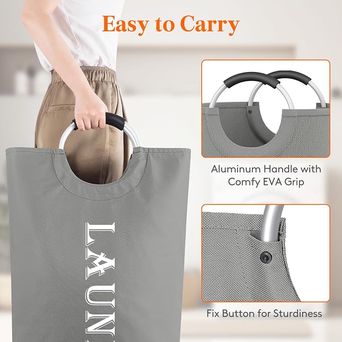 Lifewit 120L 2-Pack Large Laundry Basket, Collapsible Laundry Hamper with Aluminum Handles, Waterproof Freestanding Dirty Clothes Hampers for Laundry Room Bedroom Dorm Bathroom, Silver Grey - Image 3