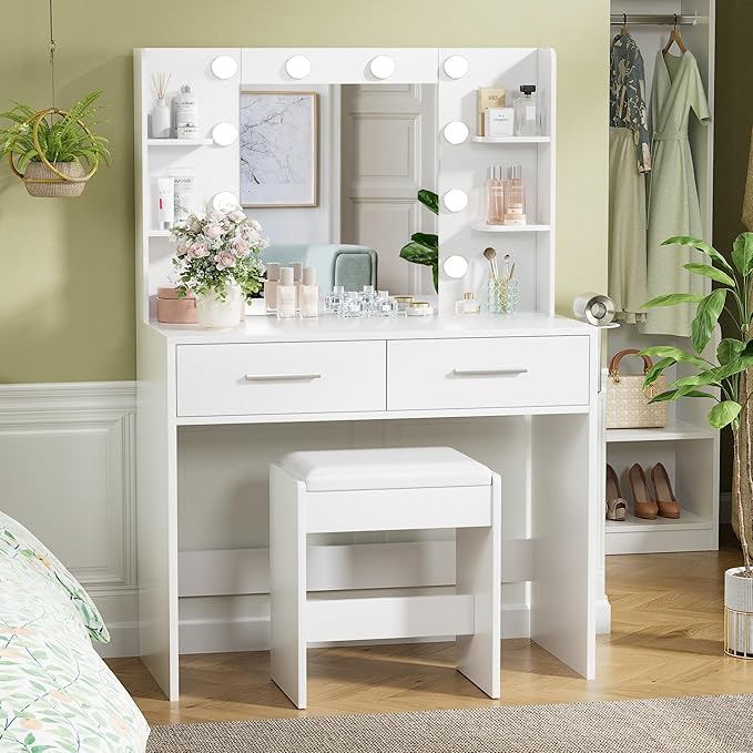 YESHOMY Vanity Desk with Mirror, Makeup Table with 2 Large Drawers, Power Outlet and Round Holder, 3 Color Modes Adjustable Bulb, Bench Included, Easy Assembly, Gloss White