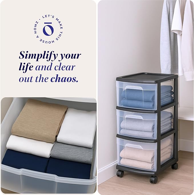 HOMZ 2-Pack Drawer Tower, 3-Tier Clear Plastic Storage Organizer Cart, Black Frame - Organizing Containers with Wheels for Home, Bathroom, Bedroom, Office, and Classroom - Image 7
