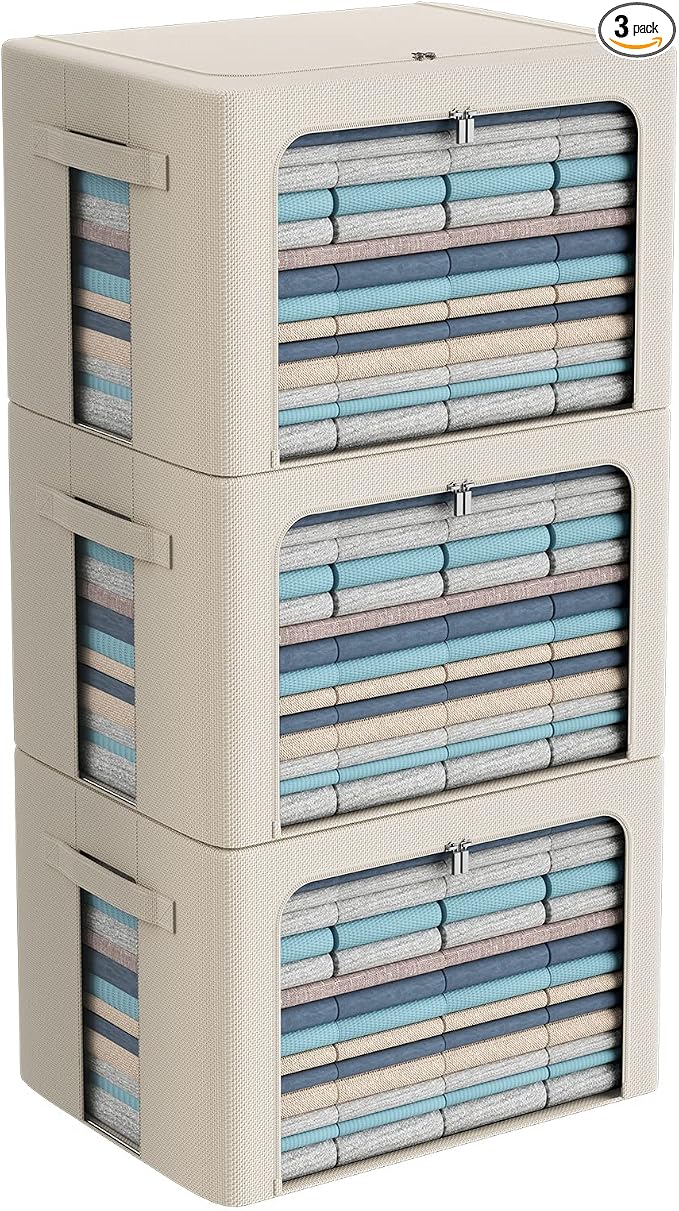 CYhom 3Pack Frame Storage Box - Clothes Storage Bin Bags Oxford Fabric Foldable Stackable Container Organizer Set with Clear Window & Carry Handles Large Capacity (Beige, Extra Large-100L) by CYhom