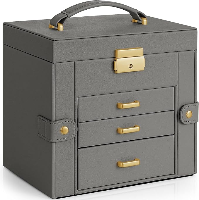 AKOZLIN 4-Tier Jewelry Box Leather Jewelry Storage Organizer with 3 Drawers Lockable for Women Girls Ring Necklace Earring Bracelet Holder with Mirror Dark Grey - Image 8