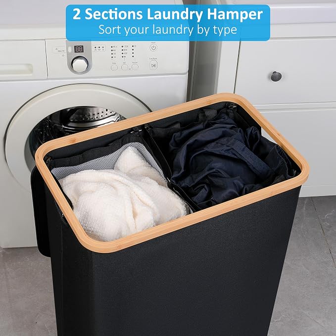 efluky Double Laundry Hamper with Lid, Divided Laundry Hamper with Removable Bags, 2 Section Dirty Clothes Basket with Handles for Bathroom, Bedroom & Laundry Room, 160L Black - Image 3