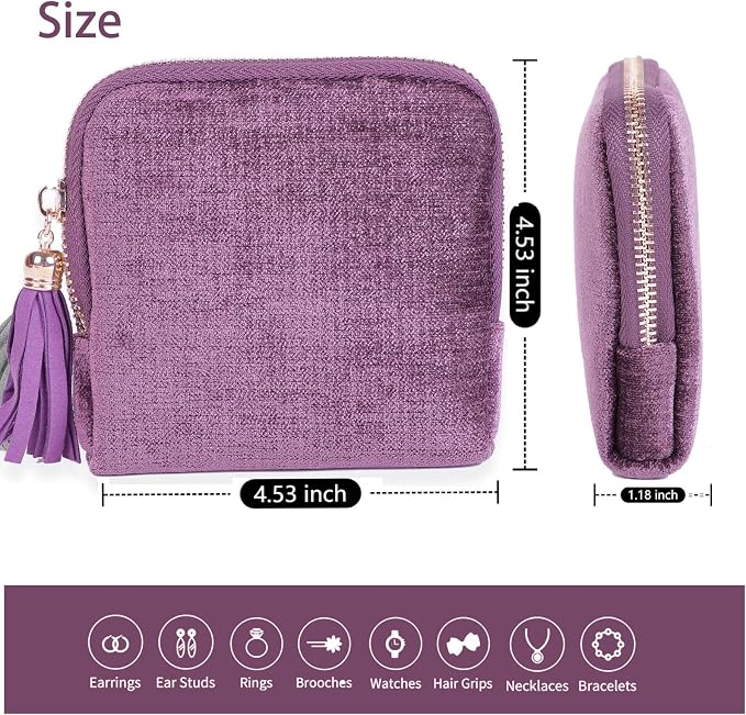 ASINGYER Travel Jewelry Storage Bag for Women, Velvet Portable Jewelry Organizer with Tassel Zipper, Small Pouches for Bracelets Necklaces Rings Earrings, Wedding Gift for Women (purple) - Image 6
