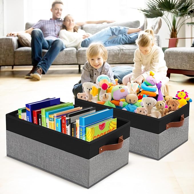 3 Pack Large Capacity Storage Bins Closet Organizer for Shelves, Fabric Closet Storage Baskets Boxes with Leather Handles for Organizing Clothes, Sheets, Jeans, Toys, Books (Black and Grey) - Image 5